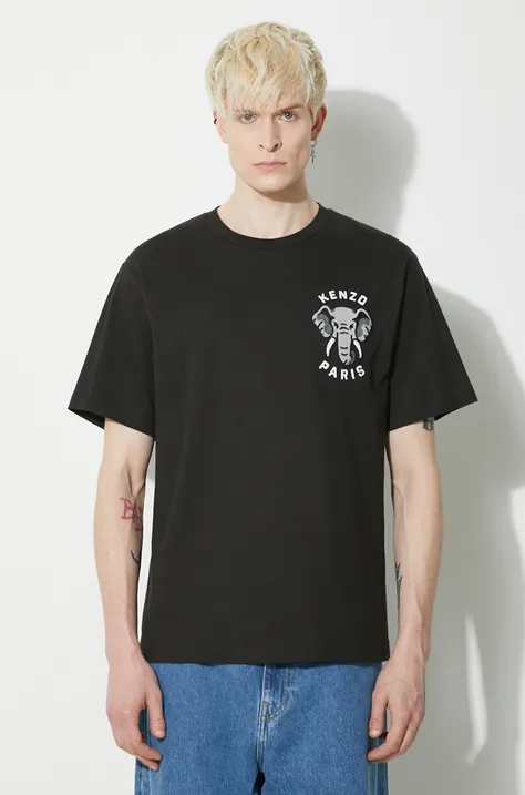 Bavlněné tričko Kenzo Elephant černá barva, s aplikací, FE55TS1884SG.99J