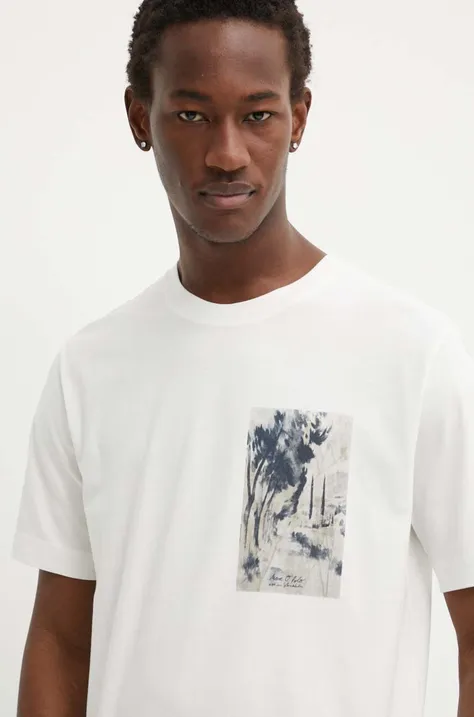 Bavlnené tričko Marc O'Polo pánske, béžová farba, s potlačou, 424201251460
