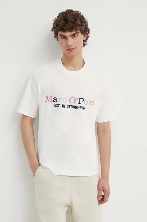 Bavlnené tričko Marc O'Polo pánske, biela farba, s nášivkou, 424208351304,
