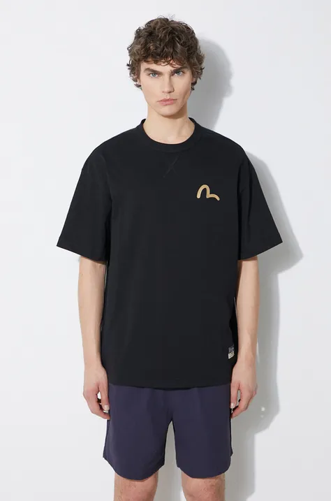 Evisu tricou din bumbac Seagull Print + Kamon Appliqué Tee barbati, culoarea negru, neted, 2ESHTM4TS7093