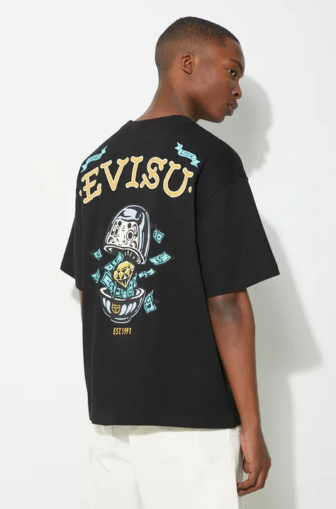 Evisu cotton t-shirt Diamond/Daruma Printed men’s black color with a print 2ESHTM4TS1074