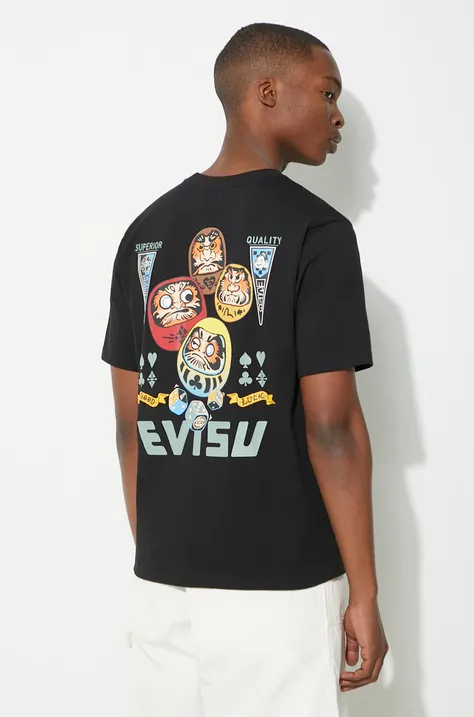 Βαμβακερό μπλουζάκι Evisu Four Suits Daruma Printed ανδρικό, χρώμα: μαύρο, 2ESHTM4TS1098