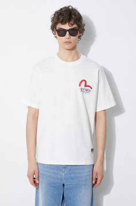 Βαμβακερό μπλουζάκι Evisu Godhead Daicock Printed SS Tee ανδρικό, χρώμα: άσπρο, 2ESHTM4TS1085