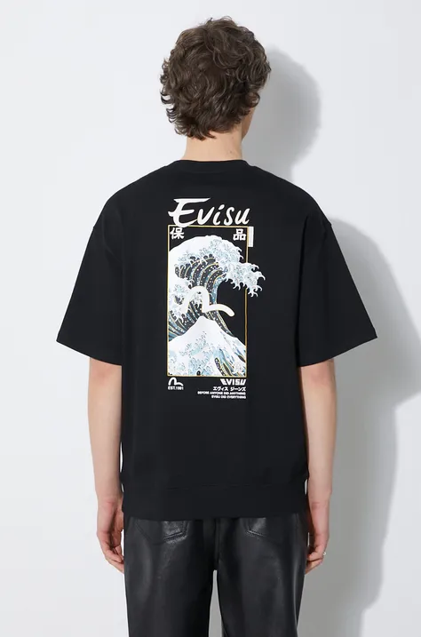 Βαμβακερό μπλουζάκι Evisu Evisu & Wave Print SS Sweatshirt ανδρικό, χρώμα: μαύρο, 2ESHTM4WS7058