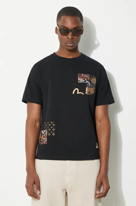 Evisu t-shirt in cotone Seagull Emb + Brocade Pocket uomo colore nero con applicazione 2ESHTM4TS7066