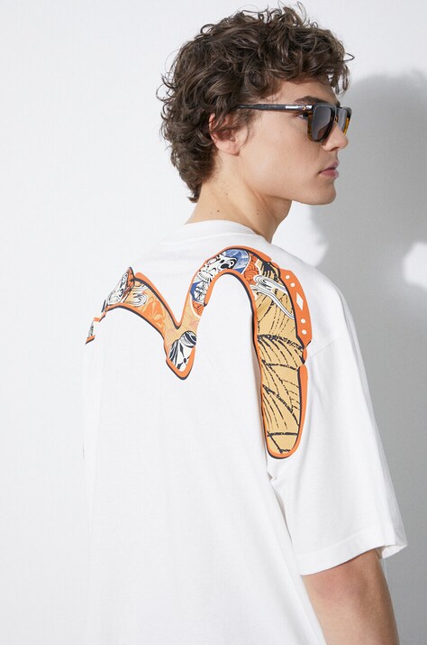 Evisu cotton t-shirt Multi-Hanafuda Patches Daicock Printed SS Tee men’s white color with a print 2ESHTM4TS1071