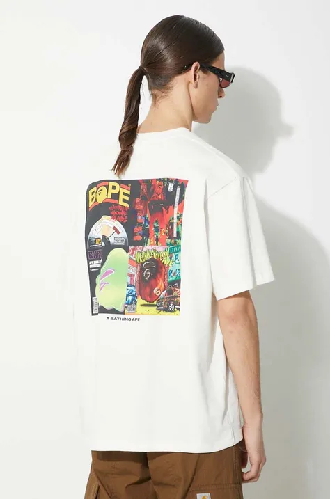 Bavlněné tričko A Bathing Ape Bape Album Monogram Tee béžová barva, s potiskem, 1J80109051