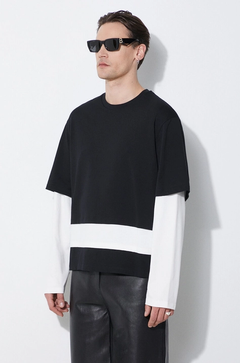 Neil Barrett longsleeve din bumbac Triple Layer Ready-Style Crew Neck culoarea negru, neted, MY70275A-Y552-118N