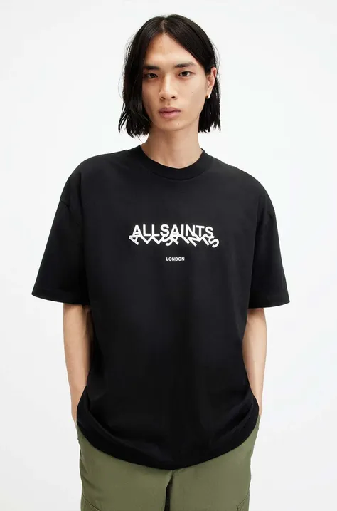 AllSaints pamut póló SLANTED SS CREW fekete, férfi, nyomott mintás, M025PA