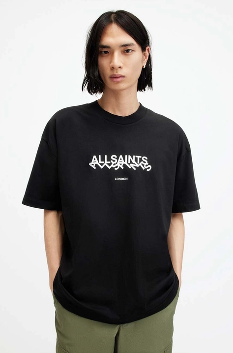 Памучна тениска AllSaints SLANTED SS CREW в черно с принт M025PA