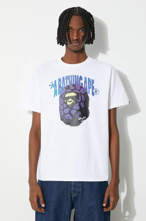 Bavlněné tričko A Bathing Ape Fur Ape Head Tee bílá barva, s potiskem, 1J80110043