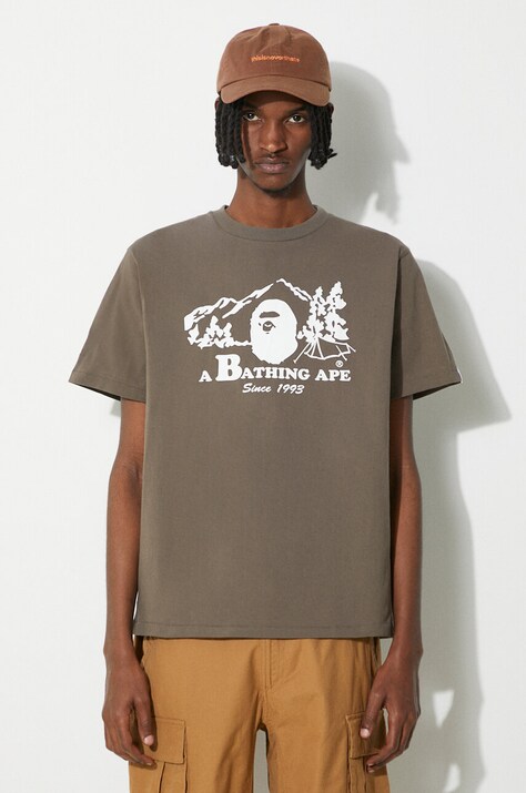 Памучна тениска A Bathing Ape Bape Camp Tee в кафяво с принт 1J80110046