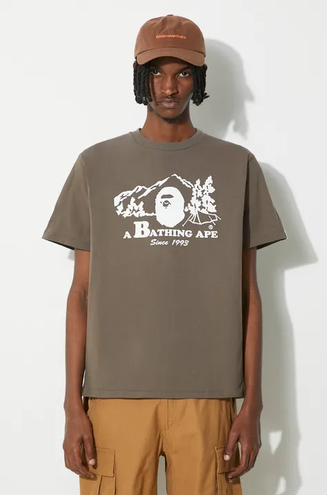 A Bathing Ape tricou din bumbac Bape Camp Tee barbati, culoarea maro, cu imprimeu, 1J80110046