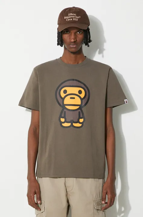 Βαμβακερό μπλουζάκι A Bathing Ape Big Baby Milo Tee ανδρικό, χρώμα: καφέ, 2J80110002