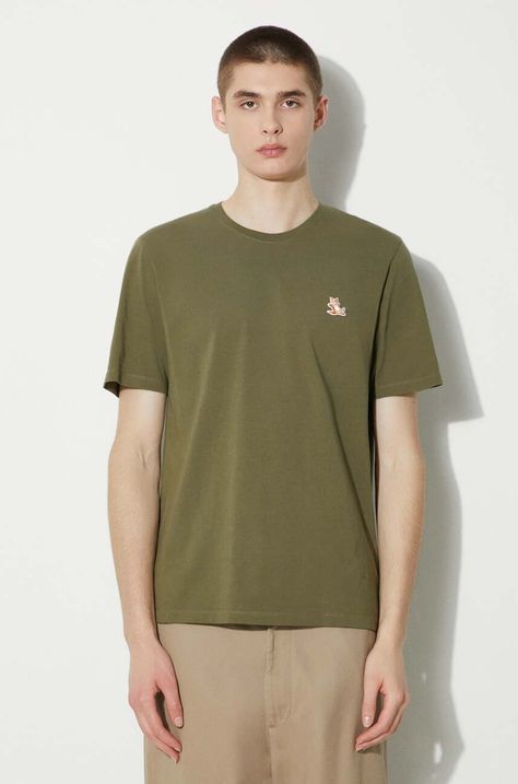 Памучна тениска Maison Kitsuné Chillax Fox Patch Regular Tee Shirt в сиво с апликация LM00110KJ0008