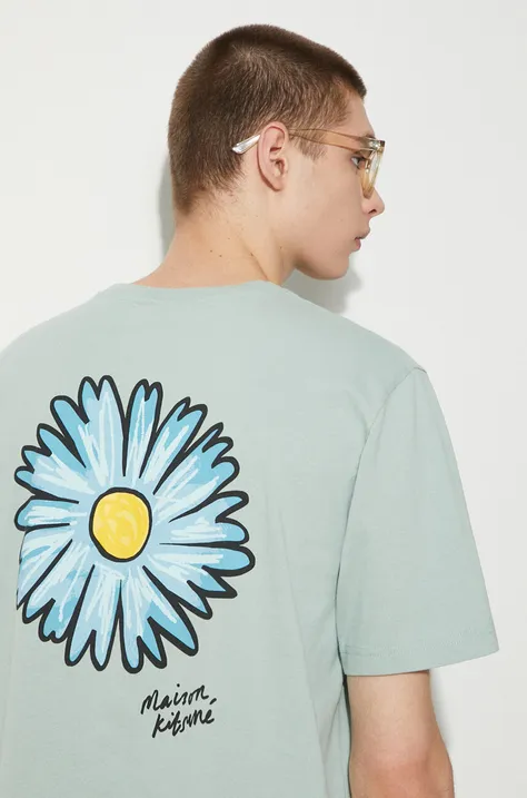 Bavlnené tričko Maison Kitsuné Floating Flower Comfort Tee-Shirt pánske, zelená farba, s potlačou, MM00128KJ0118