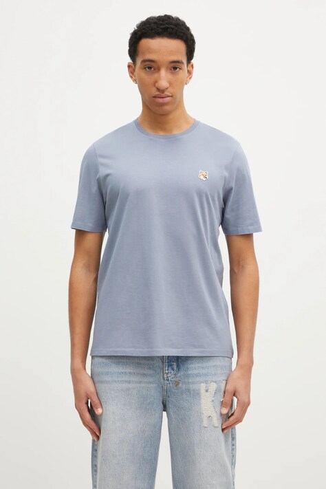 Maison Kitsuné t-shirt bawełniany Fox Head Patch Regular Tee Shirt męski kolor niebieski z aplikacją LM00104KJ0008
