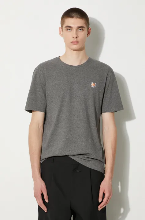 Хлопковая футболка Maison Kitsuné Fox Head Patch Regular Tee Shirt мужская цвет серый с аппликацией LM00104KJ0008