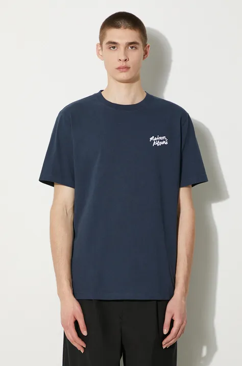 Bavlnené tričko Maison Kitsuné Handwriting Comfort Tee Shirt pánske, tmavomodrá farba, s nášivkou, MM00126KJ0118