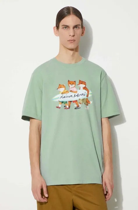 Хлопковая футболка Maison Kitsuné Surfing Foxes Comfort Tee Shirt мужская цвет зелёный с принтом MM00120KJ0118