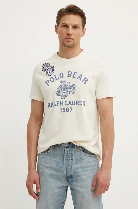 Polo Ralph Lauren tricou din bumbac barbati, culoarea bej, cu imprimeu, 710934710