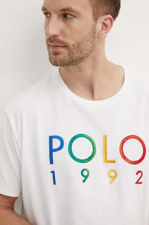 Polo Ralph Lauren tricou din bumbac barbati, culoarea alb, cu imprimeu, 710934742