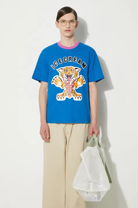 ICECREAM cotton t-shirt Tiger men’s blue color with a print IC24237