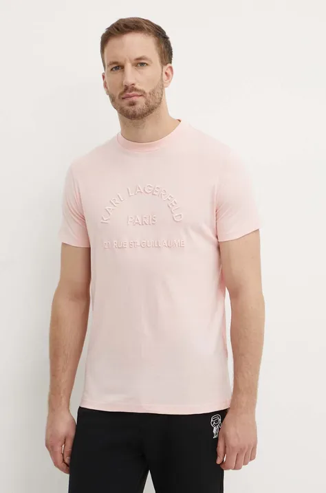 Pamučna majica Karl Lagerfeld za muškarce, boja: ružičasta, s aplikacijom, 542224.755081