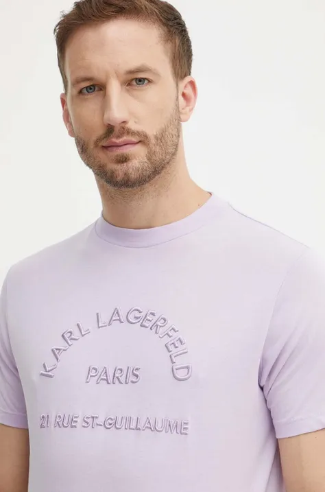 Bavlnené tričko Karl Lagerfeld pánske, fialová farba, s nášivkou, 542224.755081