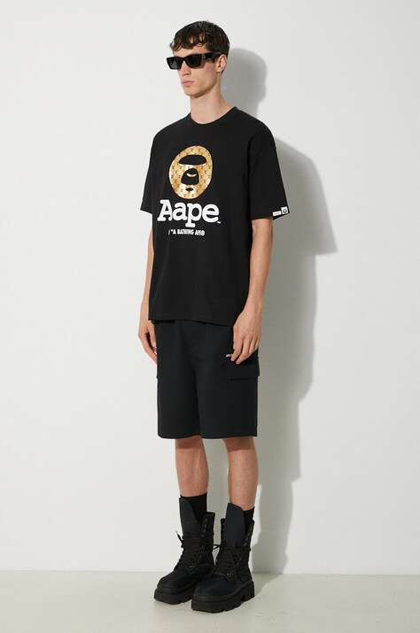Памучна тениска AAPE Basic Tee в черно с принт AAPTEM1446XXM