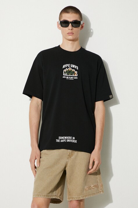 Bavlnené tričko AAPE Basic Tee pánske, čierna farba, s potlačou, AAPTEM1493XXM