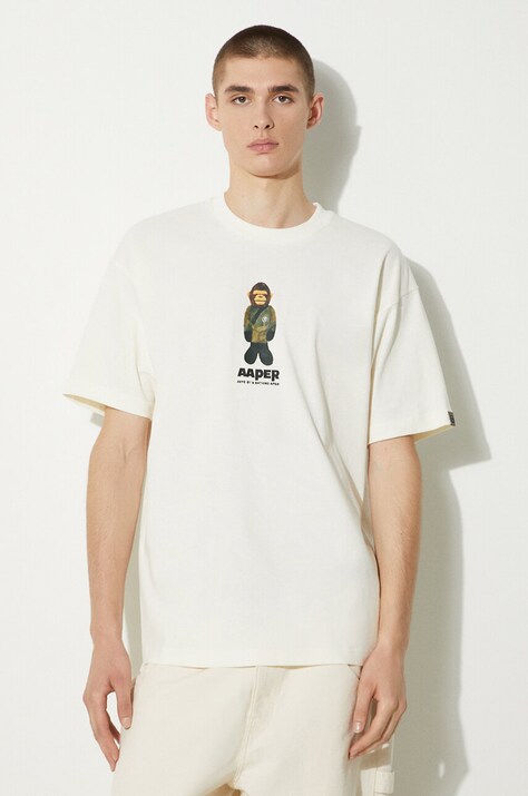 Bavlnené tričko AAPE Theme Tee pánske, béžová farba, s potlačou, AAPTEM1498XXM