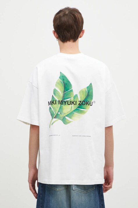 Хлопковая футболка MKI MIYUKI ZOKU Leaf цвет белый с принтом LEAF.TSHIRT