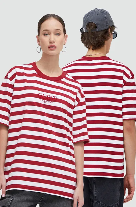Памучна тениска Guess Originals в червено с десен
