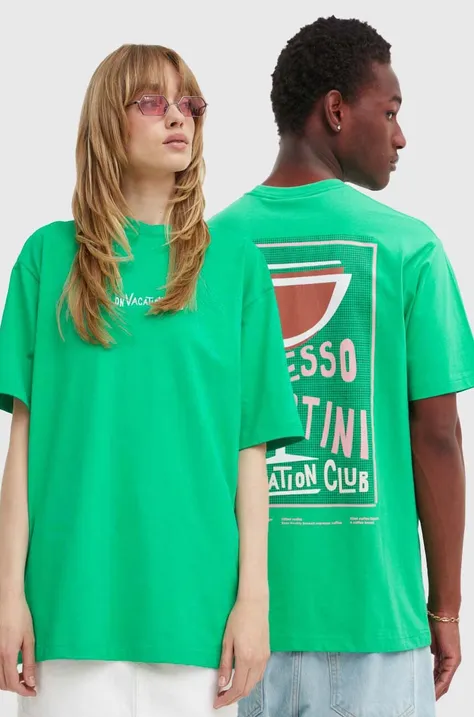 Bavlněné tričko On Vacation zelená barva, s potiskem, OVC T144