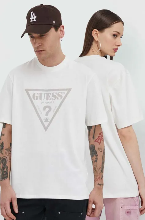 Bavlnené tričko Guess Originals béžová farba, s potlačou