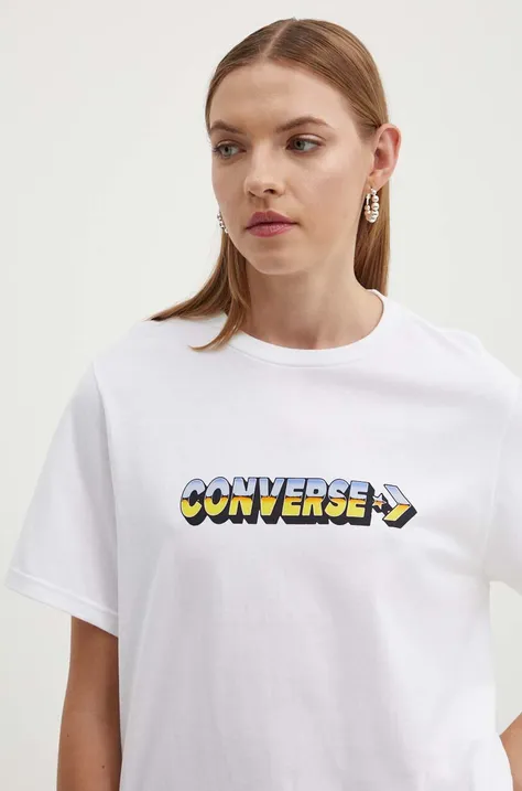 Bavlněné tričko Converse bílá barva, s potiskem, 10026416-A02