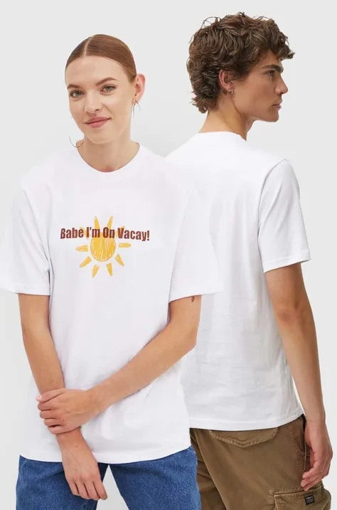 Bavlněné tričko Drivemebikini On Vacay bílá barva, s potiskem