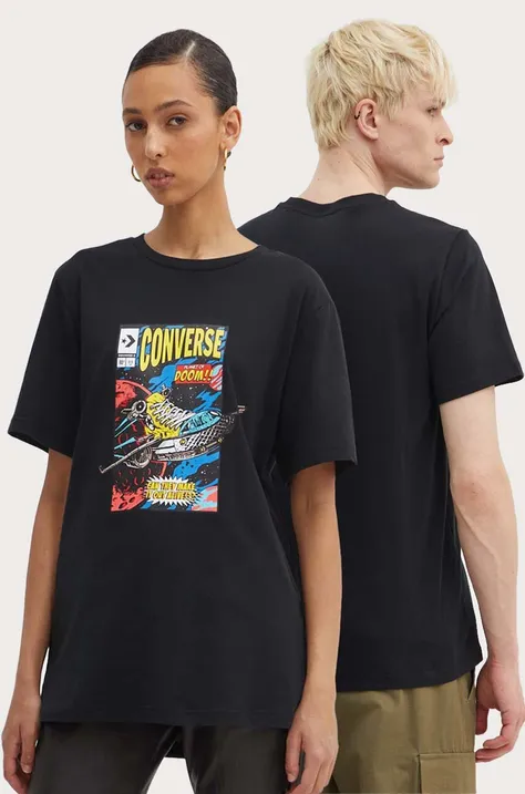 Bavlnené tričko Converse čierna farba, s potlačou, 10026425-A01