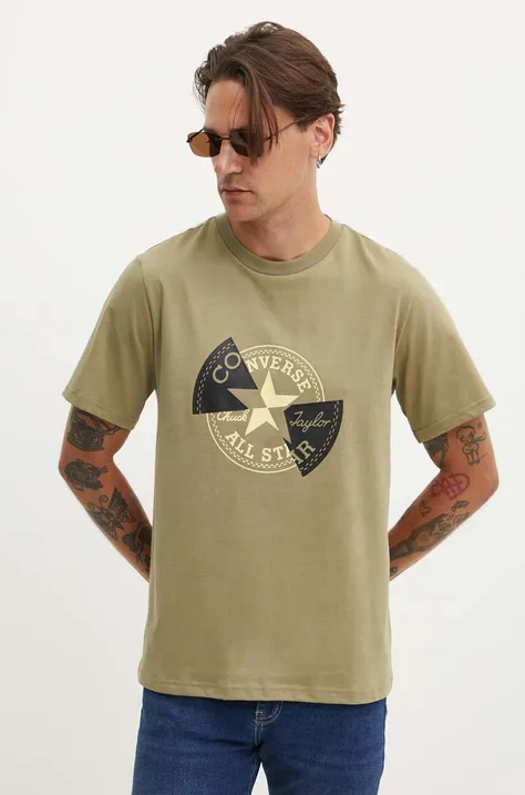 Bavlnené tričko Converse zelená farba, s potlačou, 10026427-A03