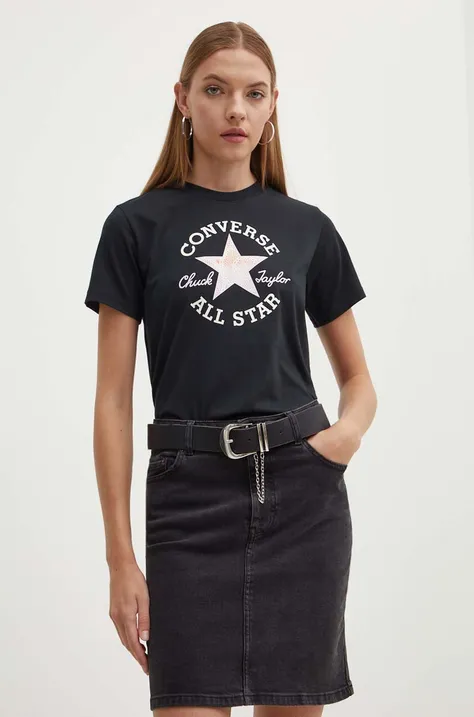 Bavlněné tričko Converse černá barva, s potiskem, 10026362-A02