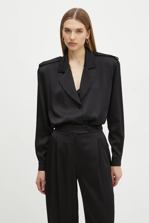 Риза La Mania RETRO дамска в черно със свободна кройка с класическа яка LM.RETRO