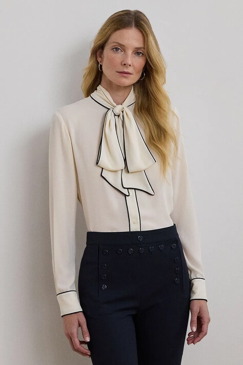 Košeľa Lauren Ralph Lauren dámska, béžová farba, regular, s viazaním vo výstrihu, 200957396