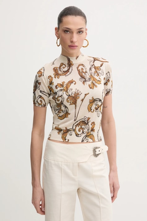 Svetr Versace Jeans Couture dámský, béžová barva, lehký, s pologolfem, 78HAFM07 CMN45