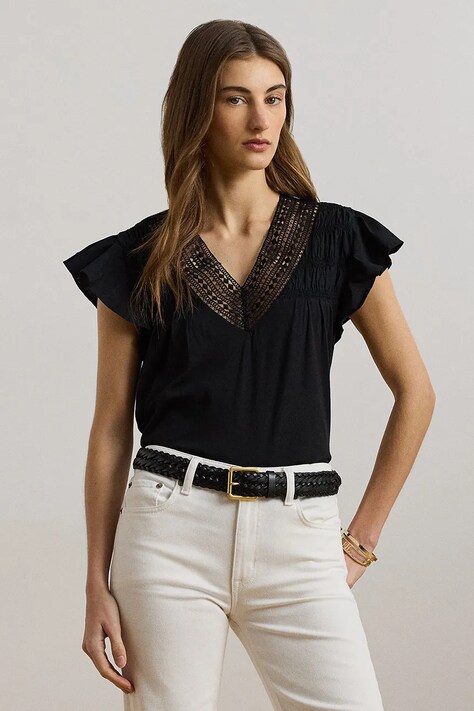 Lauren Ralph Lauren bluză femei, culoarea negru, uni, 200963917