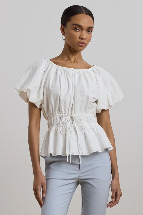 Lauren Ralph Lauren bluză din bumbac culoarea alb, uni, 200966197