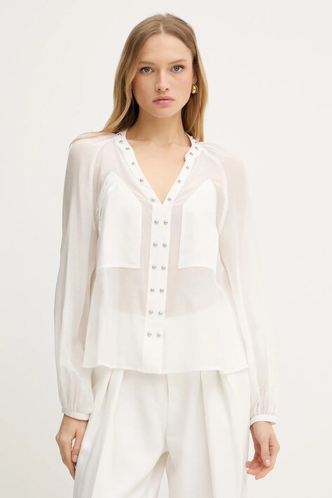 Pinko bluză din amestec de matase culoarea alb, uni, 105281 A2M7