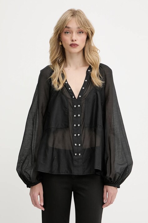 Pinko bluză din amestec de matase culoarea negru, uni, 105281 A2M7