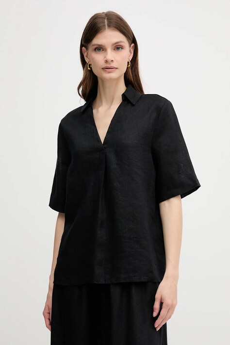 United Colors of Benetton bluză din in culoarea negru, uni, 5BMLDQ0B6