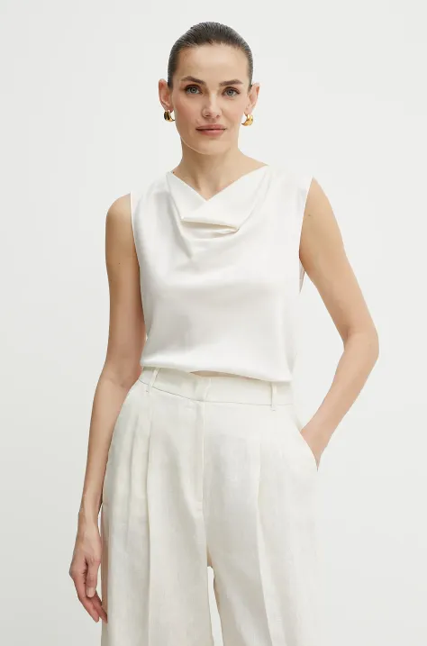 Hedvábná halenka BOSS dámská, béžová barva, hladká, 50537652